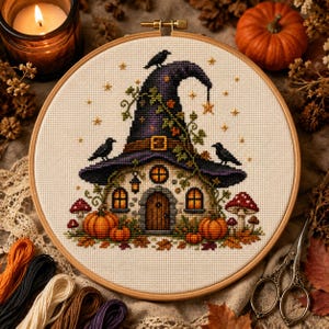 Heksenhoedhuisje Kruissteekpatroon PDF, Halloweenhuis Digitale Download, Pompoen Aida Patroon (Digitale Download)