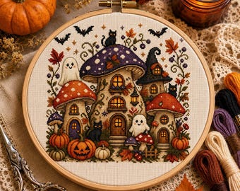 May include: A circular wooden embroidery hoop containing a cross-stitch pattern of a mushroom village. The design features three mushroom houses, two ghosts, three black cats, pumpkins, bats, and autumn leaves on a cream-coloured fabric background.
