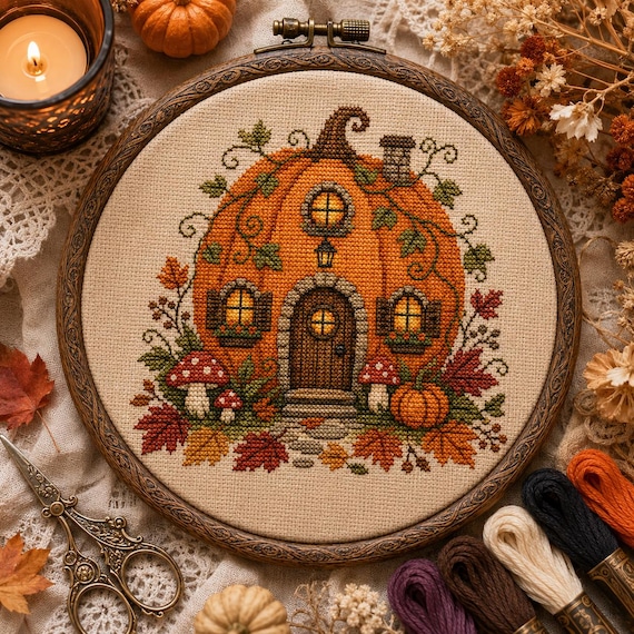 Pumpkin Cottage Cross Stitch Pattern PDF, Fall Pumpkin House Embroidery, Autumn Cottagecore Decor