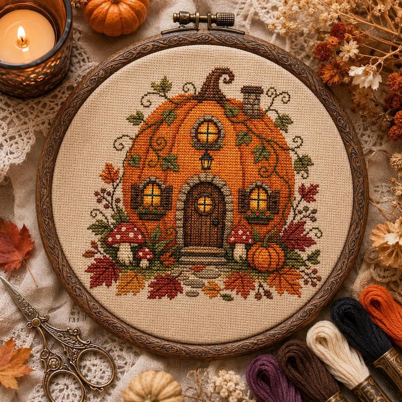 May include: A cross-stitch embroidery in a circular wooden hoop featuring a large orange pumpkin shaped like a house with a door, windows, and a chimney. The design includes green vines, red and orange autumn leaves, and small red and white mushrooms.