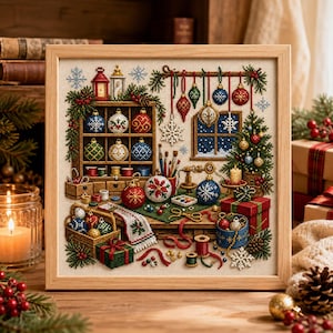 Christmas Ornament Workshop Cross Stitch Pattern PDF, Festive Craft Room Needlework, Digital Download