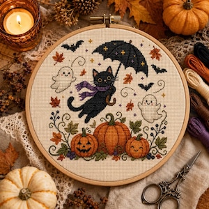 Patrón de punto de cruz de Halloween: Gato Brujo Volador (Descarga digital en PDF)