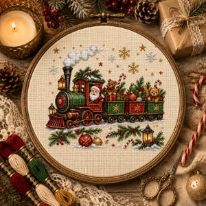 Op de afbeelding: Een ronde borduurring met een kruissteekontwerp van een feestelijke stoomtrein. De rood-groene trein vervoert de Kerstman, teddyberen en cadeautjes. Het tafereel op beige stof bevat sneeuwvlokken, dennentakken en kerstballen.