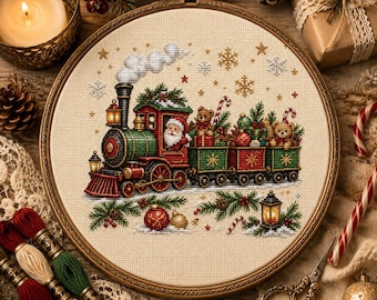 Può includere: Un telaio da ricamo circolare contenente un disegno a punto croce di un treno a vapore festivo. Il treno rosso e verde trasporta Babbo Natale, orsacchiotti e regali. La scena su tessuto beige include fiocchi di neve, rami e decorazioni.