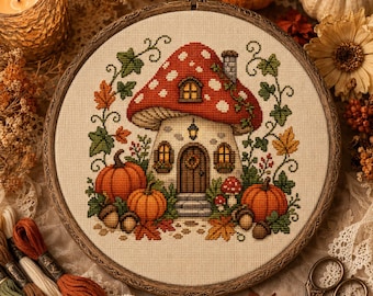 May include: A circular embroidery hoop containing a cross-stitch pattern of a mushroom-shaped house with a red cap, white spots, and a wooden door. The scene includes orange pumpkins, green ivy vines, and autumn leaves on a cream-coloured fabric background.