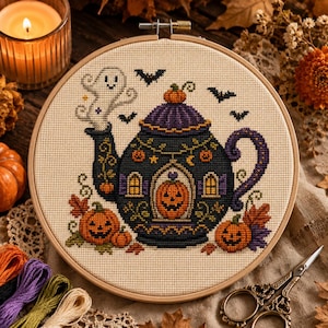 Mönster för hemsökt tekanna i PDF-format, korsstygn för Halloweenpumpa (digital nedladdning)