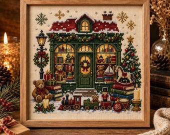 May include: A square cross-stitch embroidery in a light wood frame depicting a festive toy shop with a red roof, green facade, and large windows. The scene includes teddy bears, a toy train, a nutcracker, a rocking horse, and a Christmas tree.