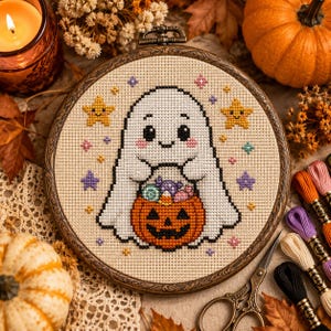 May include: A circular embroidery hoop containing a cross-stitch pattern of a white ghost holding an orange jack-o'-lantern bucket filled with colourful sweets. The design is surrounded by small yellow stars and tiny purple, pink, and blue star accents.