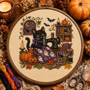 Peut inclure: Un tambour à broder rond en bois présentant un motif au point de croix d'un chat noir cousant un tissu violet à motifs de fantômes blancs. La scène inclut des citrouilles, une machine à coudre, des bobines de fil, des ciseaux et une fenêtre.