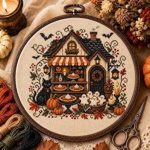 May include: A circular embroidery hoop containing a cross-stitch pattern of a house with a striped awning, a black cat, pumpkins, and small ghosts. The scene features autumn foliage, lanterns, and candles, all stitched on cream-colored fabric.