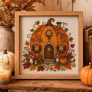 May include: A square cross-stitch embroidery in a light wood frame depicting a pumpkin house. The orange pumpkin features a brown door, windows with yellow light, a chimney, and green vines. Red and white mushrooms and autumn leaves surround it.