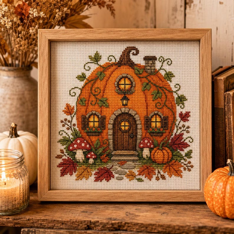 May include: A square cross-stitch embroidery in a light wood frame depicting a pumpkin house. The orange pumpkin features a brown door, windows with yellow light, a chimney, and green vines. Red and white mushrooms and autumn leaves surround it.