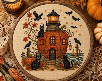 May include: A circular embroidery hoop containing a cross-stitch design of a pumpkin-shaped lighthouse. The scene features black cats, ravens, bats, and autumn leaves on a cream fabric background, framed in a dark wood hoop with a metal hanger.