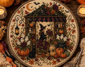 May include: A circular cross-stitch embroidery in a wooden hoop featuring a witch in a hat standing in a shop filled with bottles, pumpkins, and ghosts. A black cat sits in front, surrounded by autumn leaves, a crescent moon, and a hanging lantern.