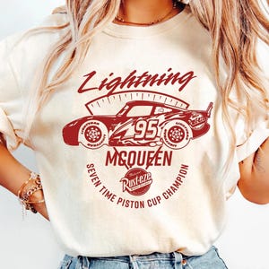 Vintage Disney Cars Lightning Mcqueen Rust-Eze Comfort Colors Shirt, Seven Time Piston Cup Champion, Racing Series 95 Tee, Disneyland Trip image 2