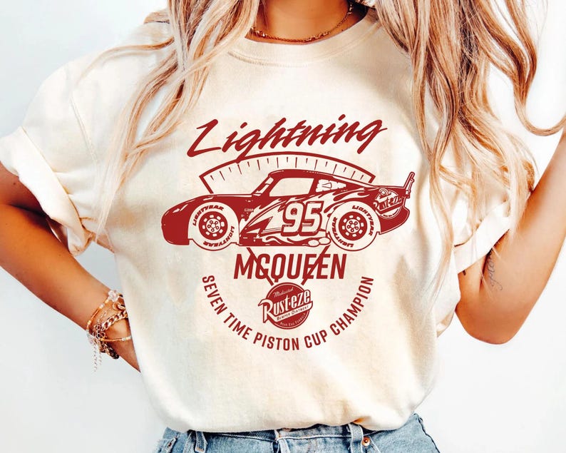 Vintage Disney Cars Lightning Mcqueen Rust-Eze Comfort Colors Shirt, Seven Time Piston Cup Champion, Racing Series 95 Tee, Disneyland Trip image 2