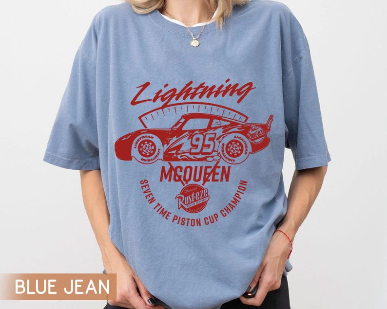 Vintage Disney Cars Lightning Mcqueen Rust-Eze Comfort Colors Shirt, Seven Time Piston Cup Champion, Racing Series 95 Tee, Disneyland Trip image 4