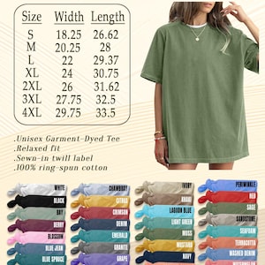 May include: An olive green Comfort Colors T-shirt with a relaxed fit, shown with a size chart and color options. The chart lists sizes S to 4XL, with measurements in inches. The shirt is made of 100% ring-spun cotton.