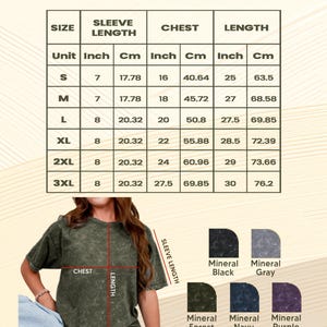 May include: A unisex mineral wash t-shirt in mineral forest green. The image includes a size chart with measurements in inches and centimeters for sleeve length, chest, and length. Available colors are mineral black, gray, navy, and purple.
