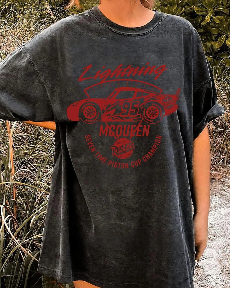 Vintage Disney Cars Lightning Mcqueen Rust-Eze Comfort Colors Shirt, Seven Time Piston Cup Champion, Racing Series 95 Tee, Disneyland Trip image 3