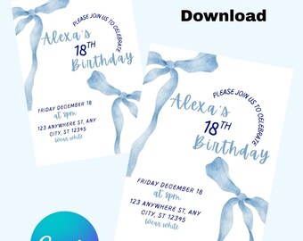 May include: Two white birthday invitations with blue watercolor ribbons and text. The invitations read "Alexa's 18th Birthday" with event details. The words "Digital Invite Instant Download" are at the top. The Canva logo is at the bottom.