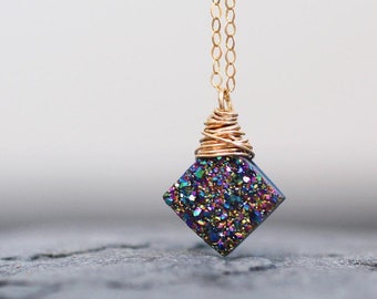 Rainbow Druzy Agate Diamond Necklace - Choose metal and length!