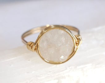 Natural White Round Druzy Agate Wire Wrapped Ring - Choose your size and metal!