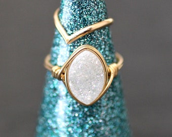 Natural Druzy Agate Marquis Wire Wrapped Ring - Choose your size and metal!