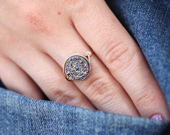 Rainbow Druzy Agate Wire Wrapped Ring - Choose your size and metal!