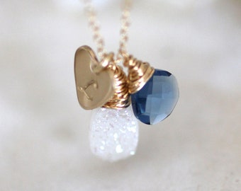 White Druzy and Gemstone Something Blue Necklace - Choose metal, length & initial!