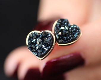 Sweetheart Black Druzy Heart Stud Earrings in Rose Gold