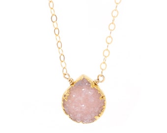Pink Druzy Bezel Gemstone Everyday Necklace in 14k Gold Filled