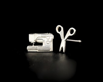 Symaskin & Sax Set Eleganta Sterling Silver Örhängen - För Sömmerska, Hantverkare - Unika Örhängen