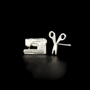 Sewing Machine & Scissors Set Dainty Sterling Silver Stud Earrings - for the Seamstress, Crafters - Unique Stud Earrings