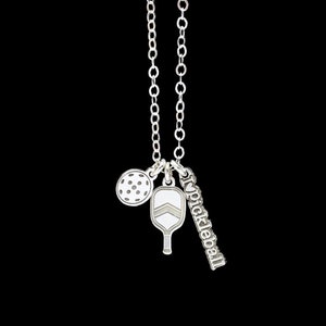 Pickleball Charm Cluster Sterling Silver Necklace Paddle - Gift for Pickleball Lovers