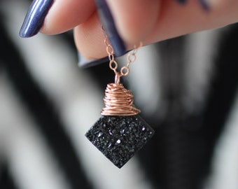 Black Druzy Agate Diamond Necklace - Choose metal and length!