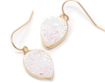 White Teardrop Druzy Agate Wire Wrapped Dangle Earrings - Choose your metal!