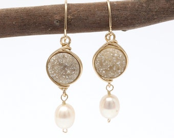 Champagne Druzy and Pearl Wire Wrapped Dangle Earrings - Choose your metal!