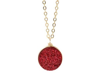 Cranberry Red Druzy Agate Round Necklace - Choose metal and length!