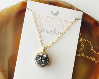 Meteorite Silver Druzy Agate Round Necklace - Choose metal and length!