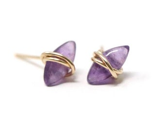 Amethyst Gemstone Wire Wrapped Marquis Stud Earrings - Choose your metal!