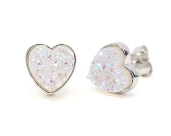 Sweetheart Confetti White Druzy Heart Stud Earrings in Silver