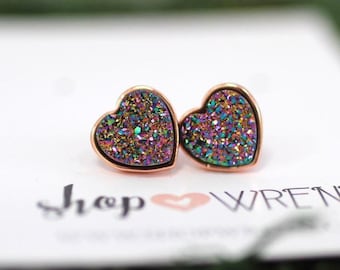 Sweetheart Rainbow Druzy Heart Stud Earrings in Rose