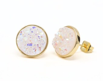 Confetti White Druzy Large Stud Earrings in Gold