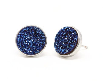 Blue Druzy Large Stud Earrings in Silver