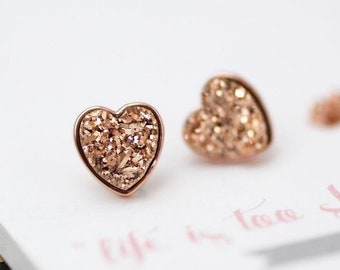 Sweetheart Rose Druzy Heart Stud Earrings in Rose Gold