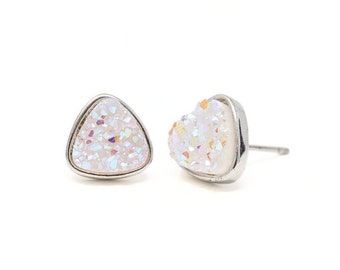 Confetti White Druzy Trillion Stud Earrings in Silver and Rose