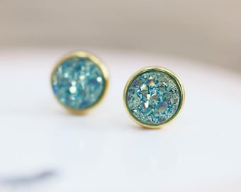 Seaglass Druzy Petite Stud Earrings in Gold