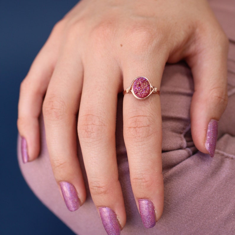 Passion Fruit Pink Druzy Agate Wire Wrapped Ring Choose your size and metal image 1