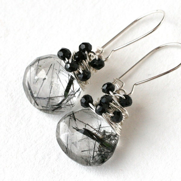 Black and White Needles Dangle Drop Earrings Silver